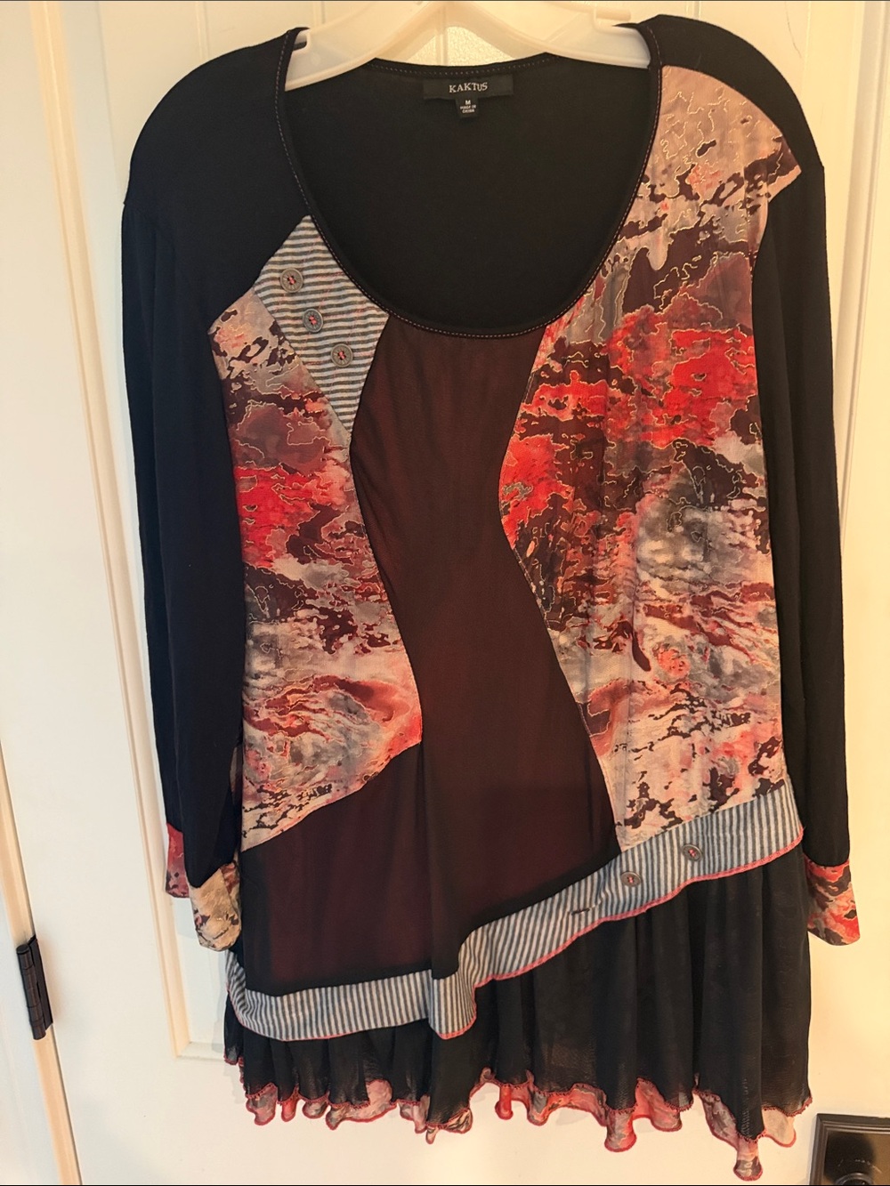 Kaktus Black Top with Red and Coral Abstract Panels